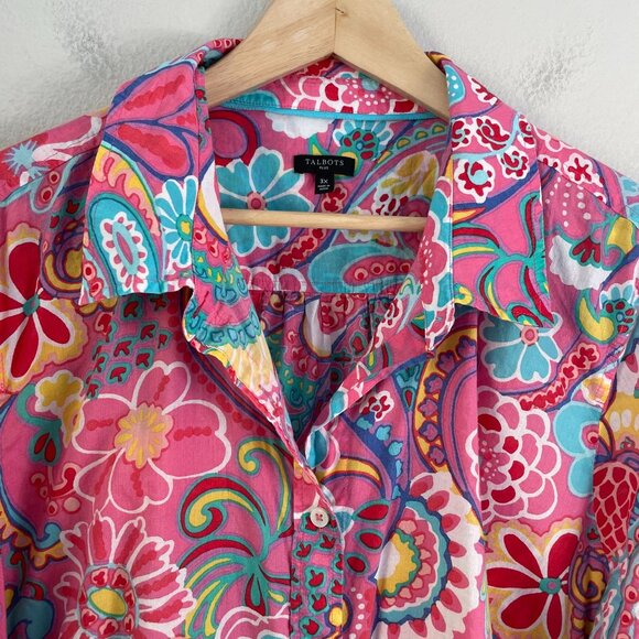Talbots Plus 3X Vibrant Mod Floral Cotton Button Up Shirt Long Sleeve Blouse - Picture 10 of 12